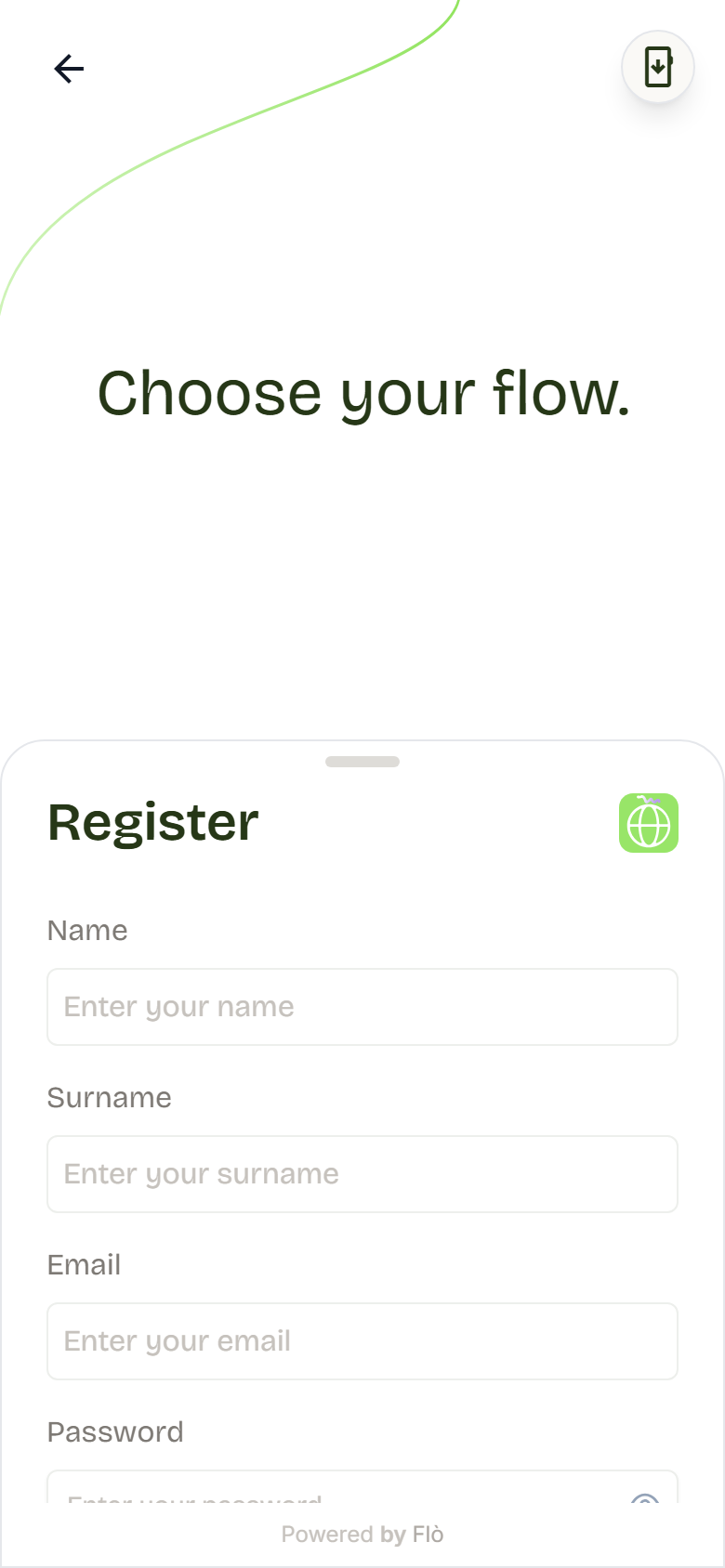 Registration form with first name, surname, email, password and the privacy and terms boxes.