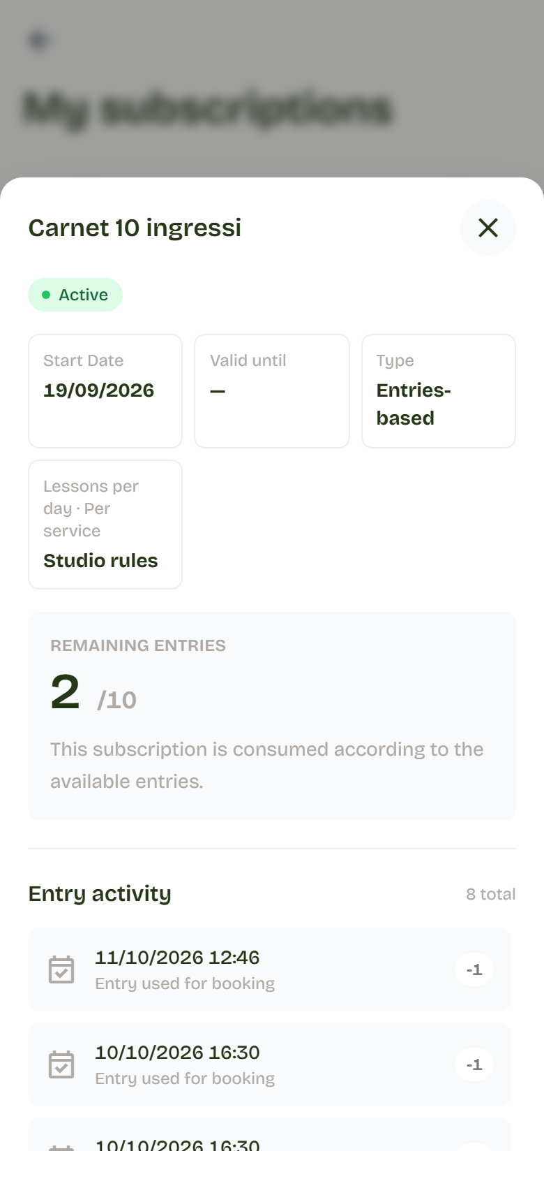 Pass details with entries left and history.