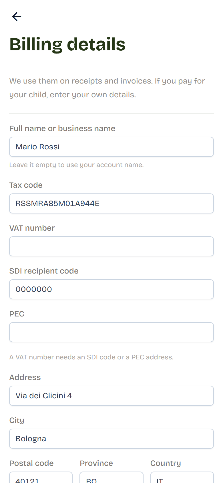The Billing details page with full name, tax code, VAT number, SDI code, PEC and address.