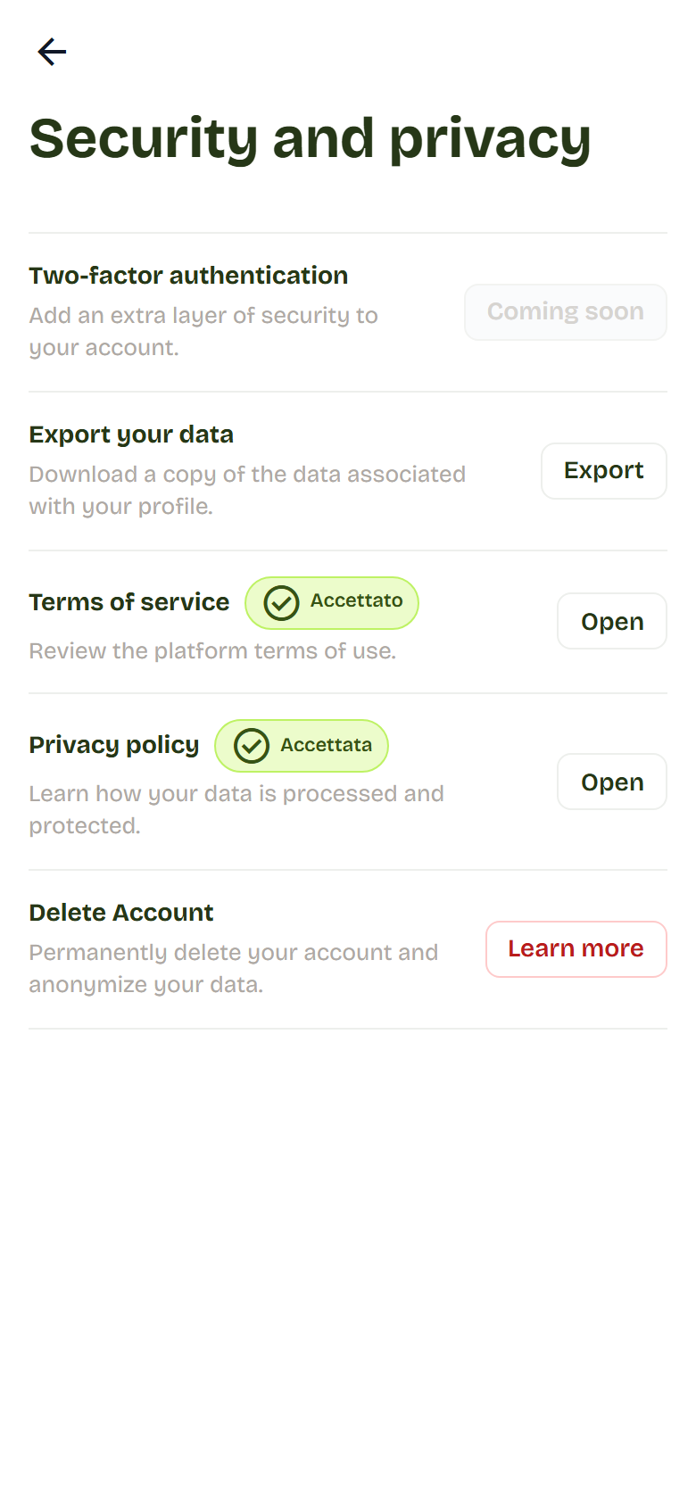 Security and privacy page with rows for two-factor, export data, terms, privacy and delete account.