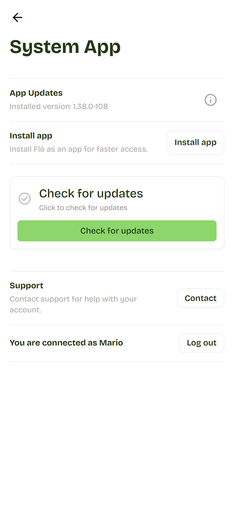 System App page with installed version, Install app, Check for updates, Support and Log out.