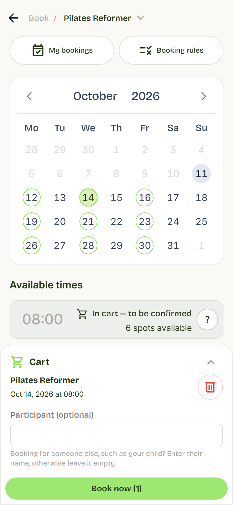 Cart with one lesson and the Book now button.
