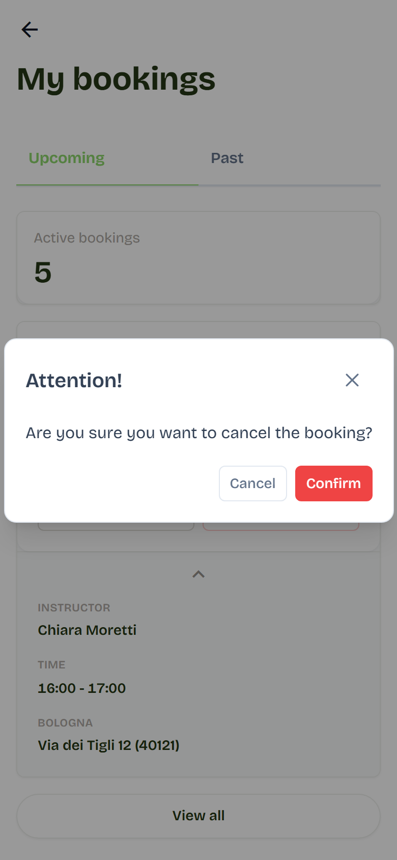 Confirmation request before cancelling a booking.