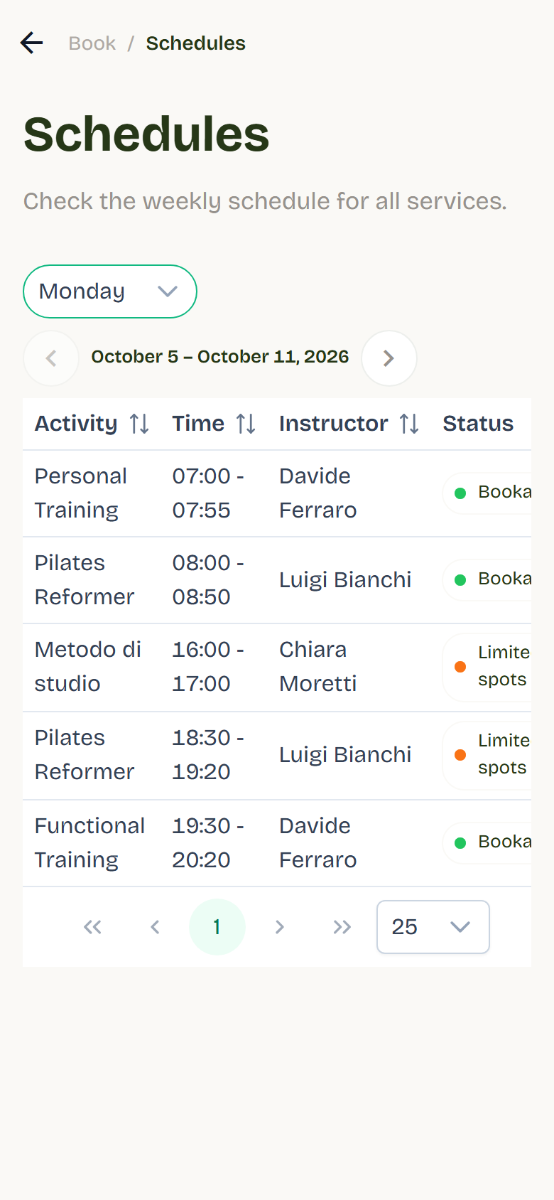 Schedule page with the day selector, the week and the table with activity, time, instructor and status.