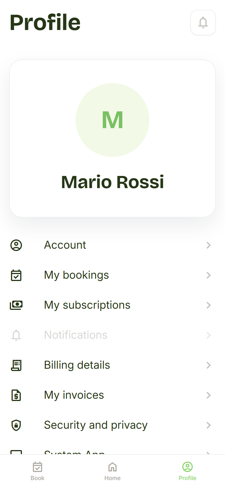 Mario Rossi's Profile page with the list of sections and Log out at the bottom.
