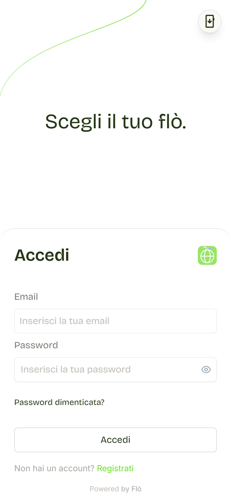 Pagina Accedi con i campi Email e Password e il pulsante Accedi.