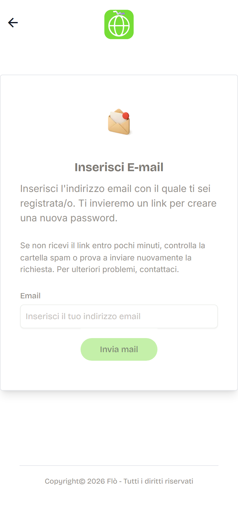Schermata Inserisci E-mail con un campo email e il pulsante Invia mail.