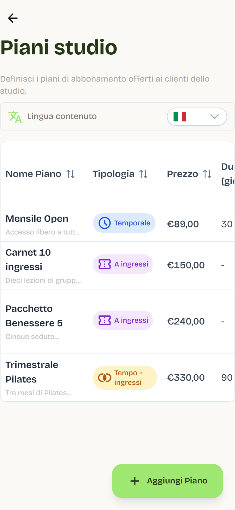 L’elenco Piani studio con quattro piani attivi, la loro tipologia, il prezzo e le icone di modifica, archivio ed eliminazione.