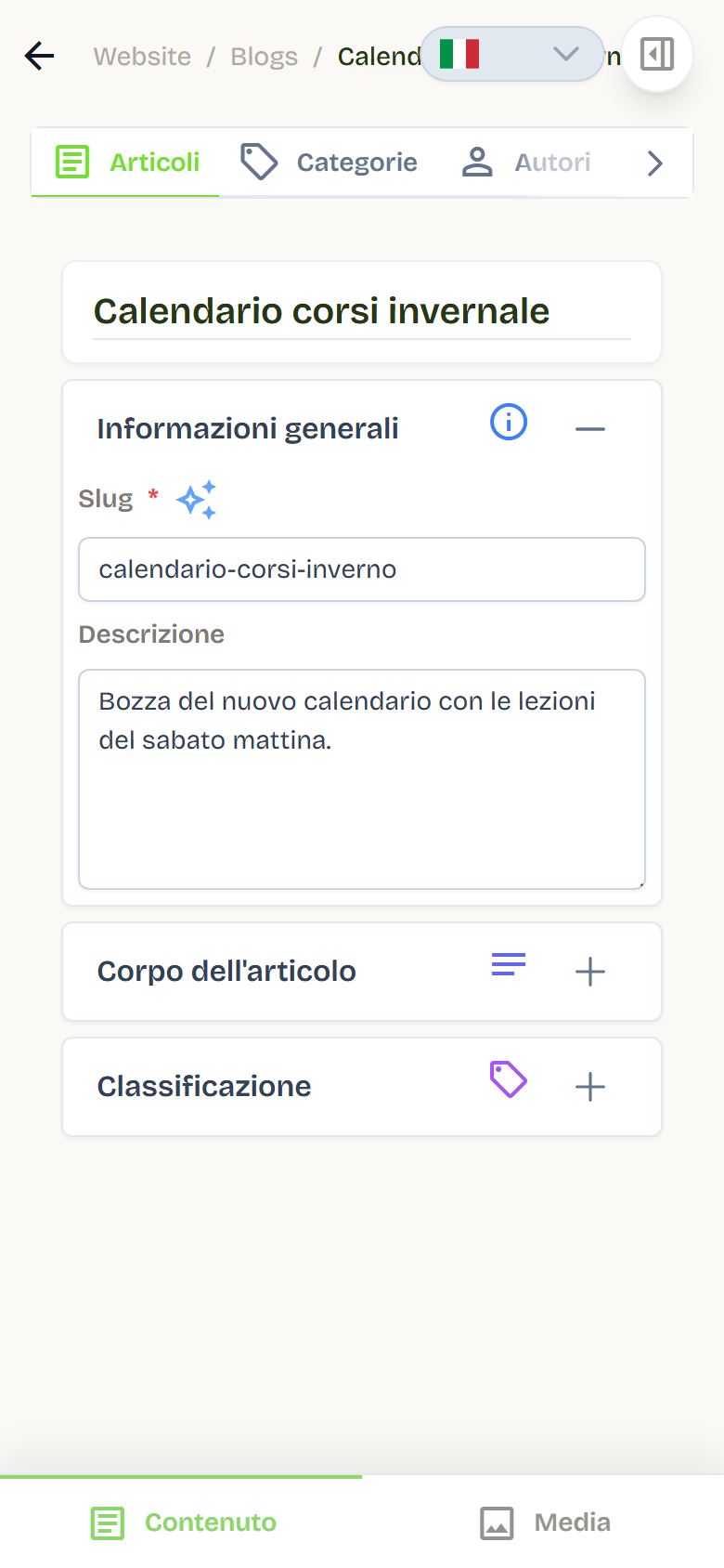 L’editor di un articolo con titolo, slug, descrizione e le sezioni Corpo dell’articolo e Classificazione.