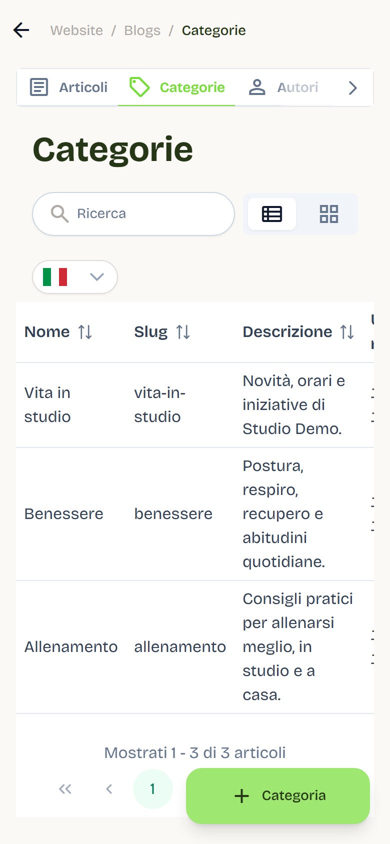 La scheda Categorie con tre categorie e i pulsanti Gestisci ed Elimina.