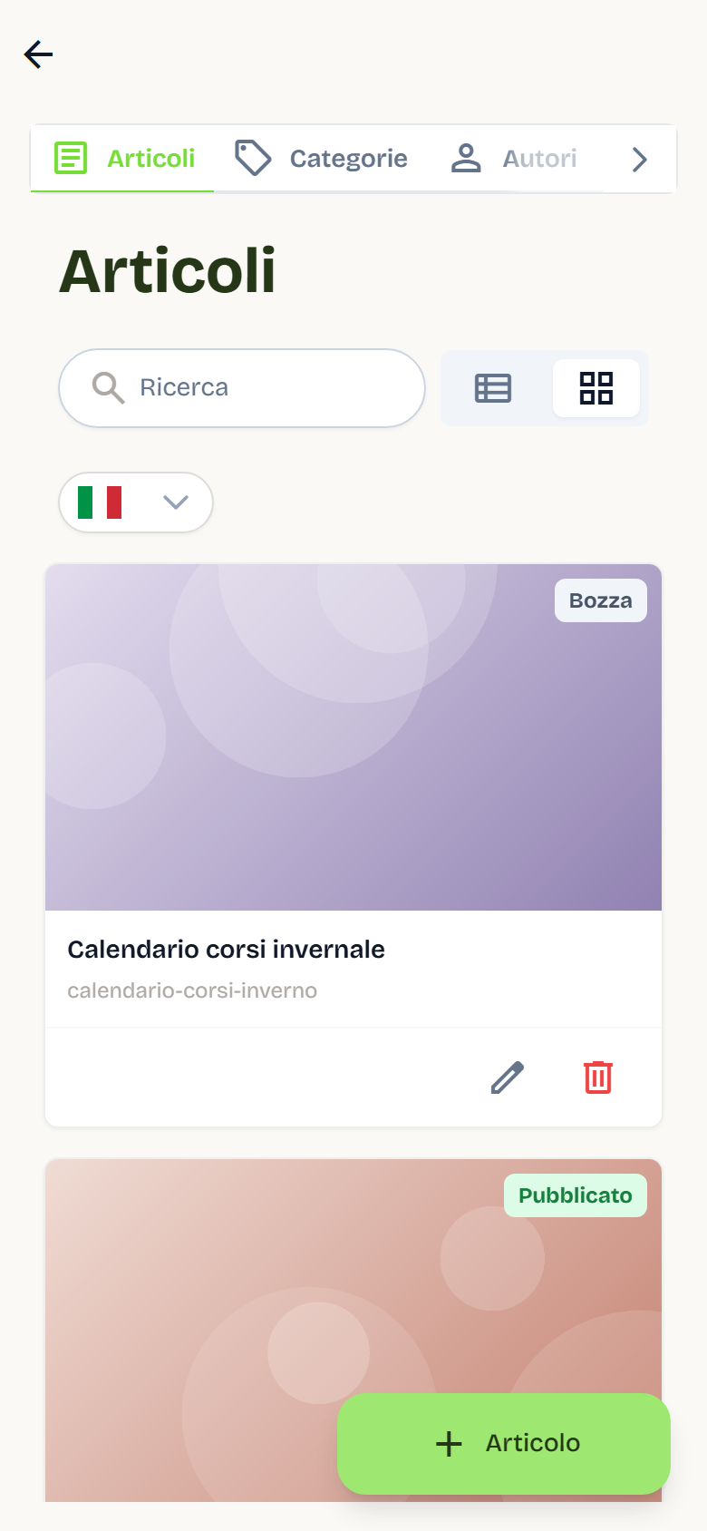 La scheda Articoli con gli articoli mostrati come schede, ognuno con lo stato Bozza o Pubblicato.