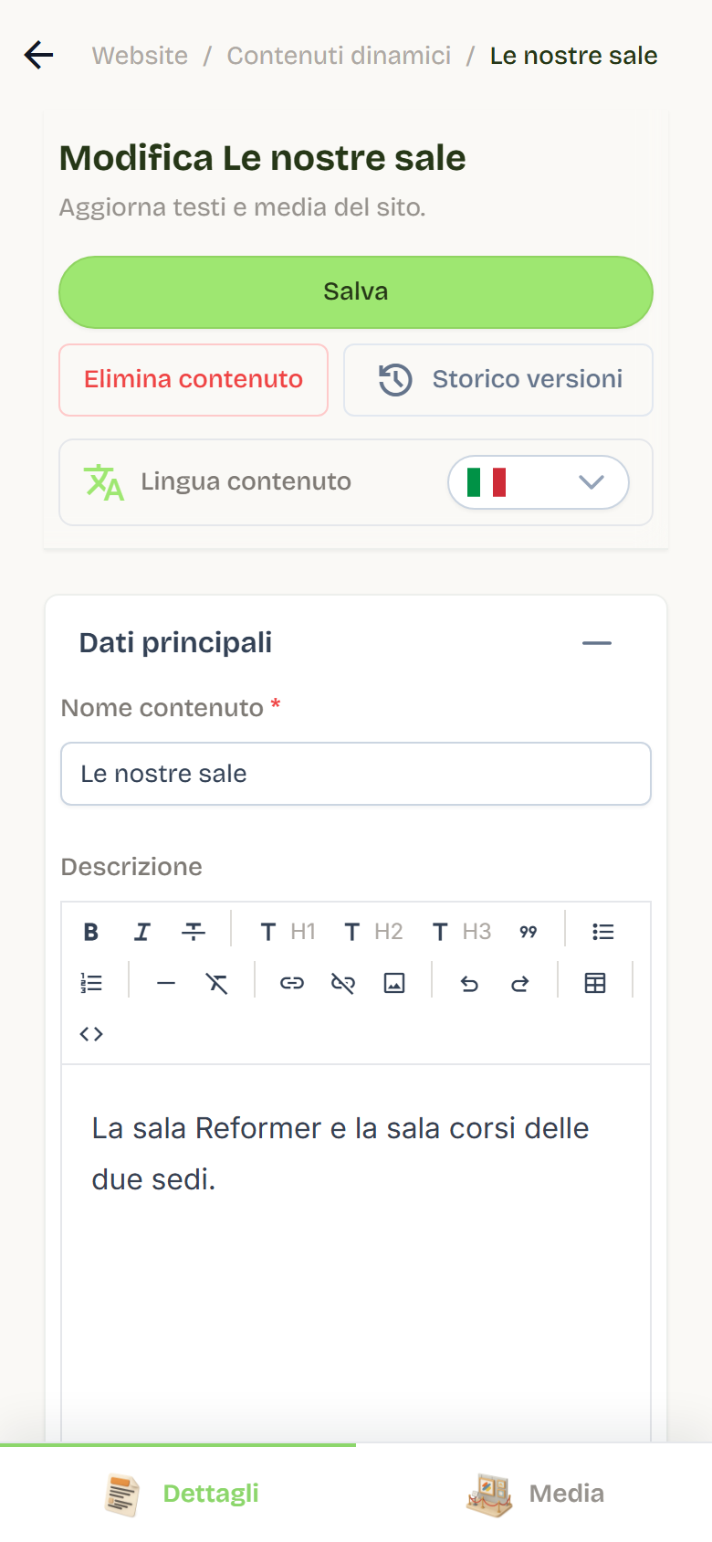La pagina Modifica Le nostre sale aperta su Dettagli, con nome del contenuto, descrizione e selettore della lingua.