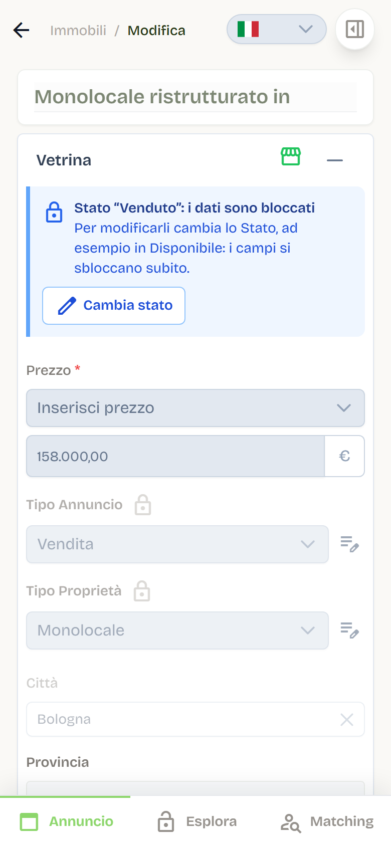La scheda di un monolocale venduto con l’avviso di blocco in cima alla vetrina e il pulsante Cambia stato.