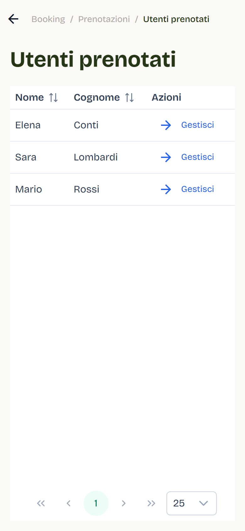 La pagina Utenti prenotati con tre clienti iscritti a una lezione di Pilates Reformer.