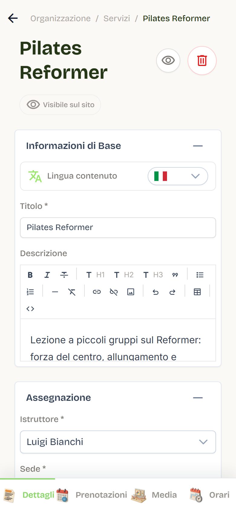 La scheda del servizio Pilates Reformer aperta su Dettagli, con titolo, descrizione, istruttore e sede.