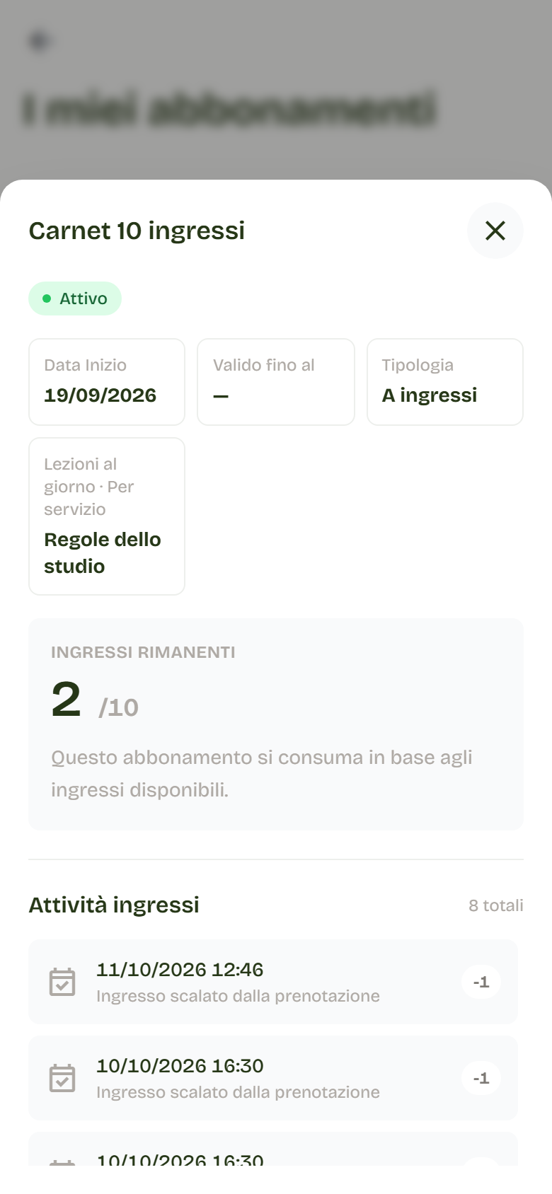 Dettaglio del carnet con ingressi rimanenti e storico.