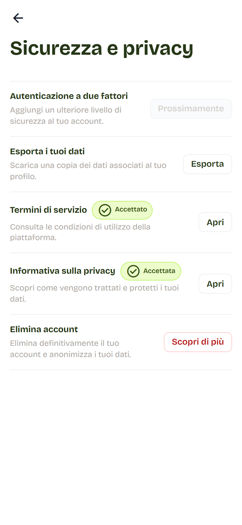 Pagina Sicurezza e privacy con le righe per due fattori, esporta dati, termini, privacy ed elimina account.