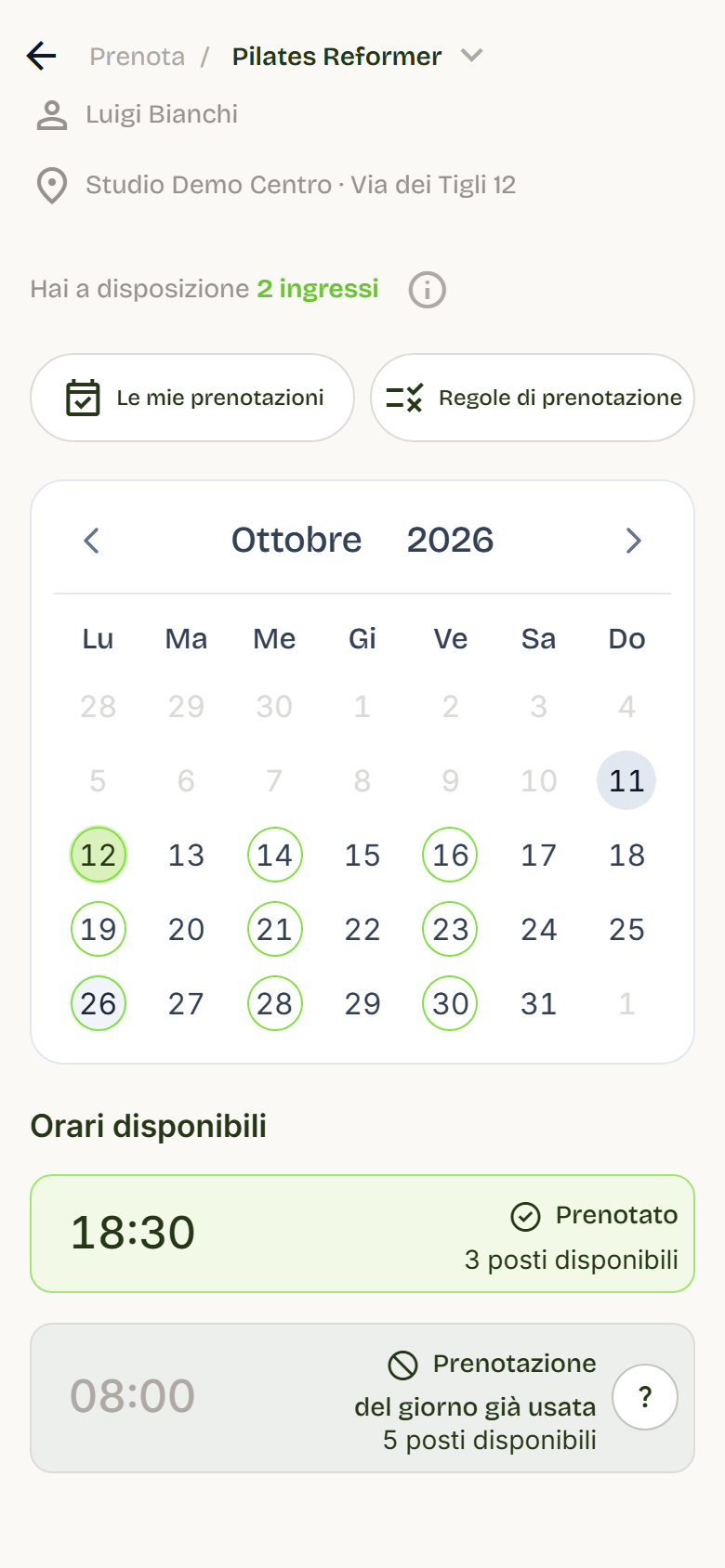 Orari di Pilates Reformer: uno già prenotato, uno non disponibile.